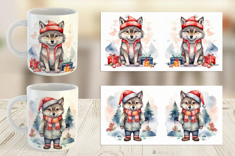 Mug Wrap Watercolor Christmas Wolf Sublimation artnoy 