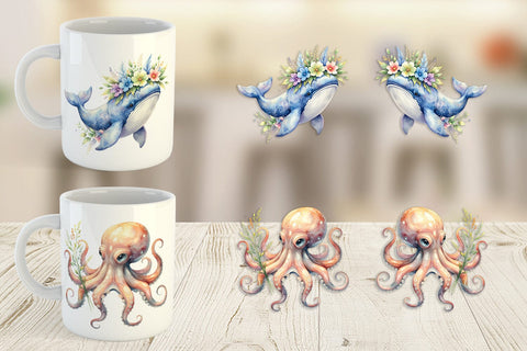 Mug Wrap Watercolor Cute Baby Ocean Animals Sublimation artnoy 