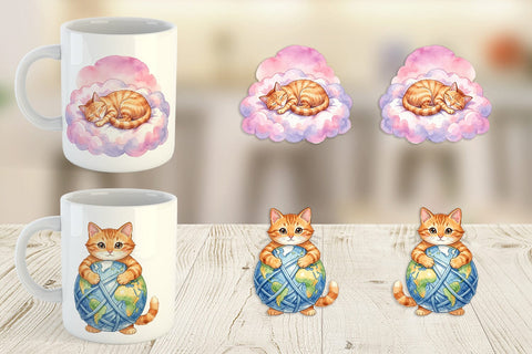 Mug Wrap Watercolor Dreamy Mother Cat Sky Art Sublimation artnoy 