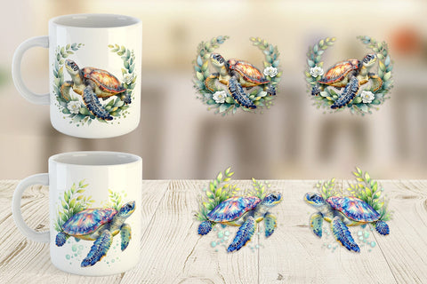 Mug Wrap Watercolor Floral Boho Sea Turtle Sublimation artnoy 