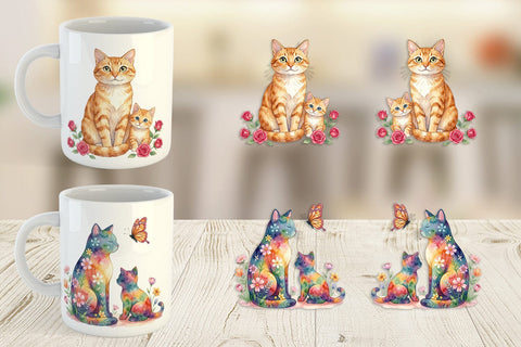 Mug Wrap Watercolor Floral Cat Motherhood Art Sublimation artnoy 