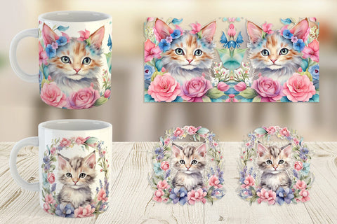 Mug Wrap Watercolor Floral Cat Sublimation artnoy 