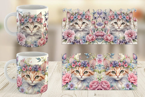 Mug Wrap Watercolor Floral Cat Sublimation artnoy 