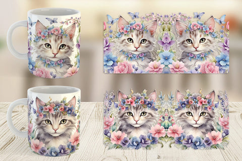 Mug Wrap Watercolor Floral Cat Sublimation artnoy 