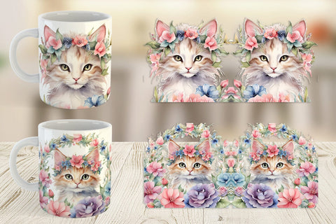 Mug Wrap Watercolor Floral Cat Sublimation artnoy 