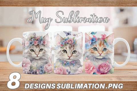 Mug Wrap Watercolor Floral Cat Sublimation artnoy 