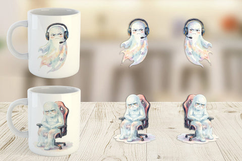 Mug Wrap Watercolor Funny Grumpy Gamer Ghost Sublimation artnoy 