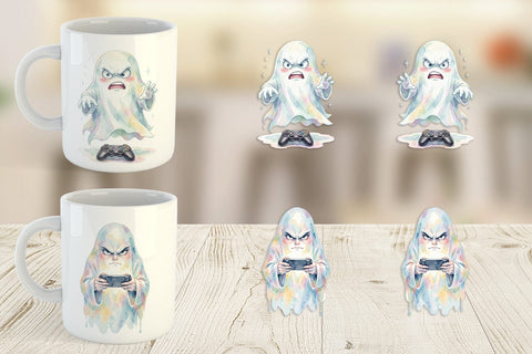 Mug Wrap Watercolor Funny Grumpy Gamer Ghost Sublimation artnoy 