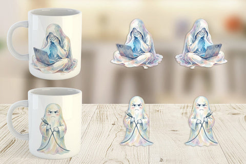 Mug Wrap Watercolor Funny Grumpy Gamer Ghost Sublimation artnoy 