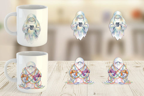 Mug Wrap Watercolor Funny Grumpy Gamer Ghost Sublimation artnoy 
