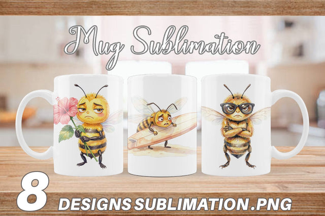 Mug Wrap Watercolor Funny Grumpy Tropical Bee Sublimation artnoy 