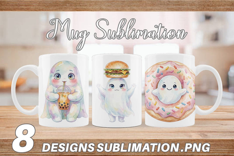 Mug Wrap Watercolor Funny Hungry Foodie Ghost Sublimation artnoy 