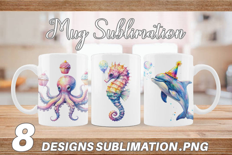Mug Wrap Watercolor Funny Ocean Animals Sublimation artnoy 