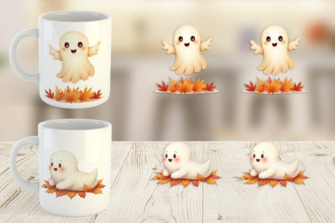 Mug Wrap Watercolor Ghost Autumn Leaves Sublimation artnoy 