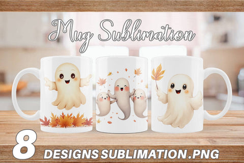 Mug Wrap Watercolor Ghost Autumn Leaves Sublimation artnoy 