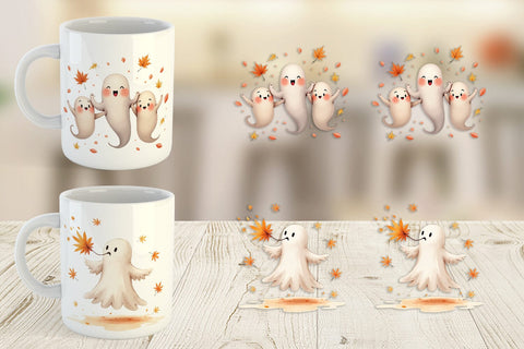 Mug Wrap Watercolor Ghost Autumn Leaves Sublimation artnoy 