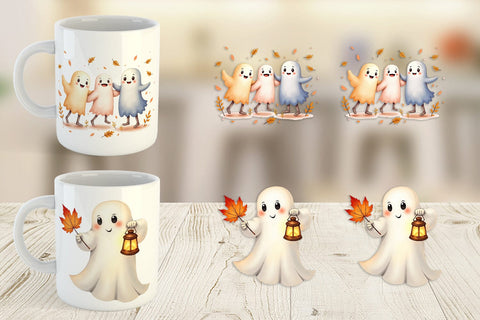 Mug Wrap Watercolor Ghost Autumn Leaves Sublimation artnoy 