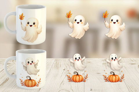 Mug Wrap Watercolor Ghost Autumn Leaves Sublimation artnoy 