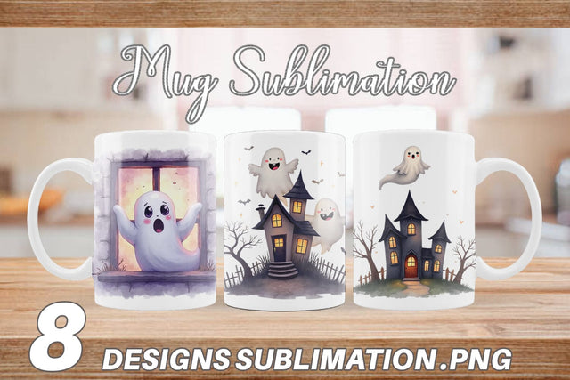 Mug Wrap Watercolor Ghost Haunted House Sublimation artnoy 