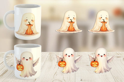 Mug Wrap Watercolor Ghost Pumpkin Friends Sublimation artnoy 