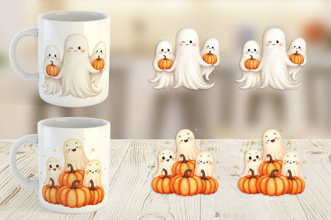 Mug Wrap Watercolor Ghost Pumpkin Friends Sublimation artnoy 