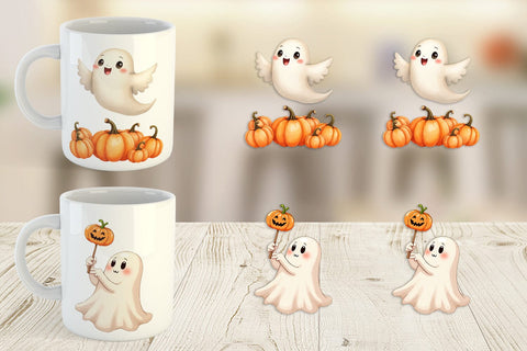 Mug Wrap Watercolor Ghost Pumpkin Friends Sublimation artnoy 