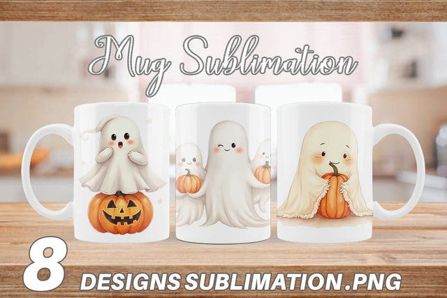 Mug Wrap Watercolor Ghost Pumpkin Friends Sublimation artnoy 