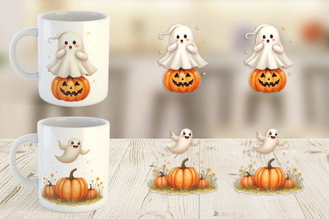 Mug Wrap Watercolor Ghost Pumpkin Friends Sublimation artnoy 