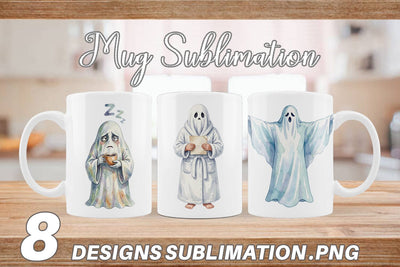Mug Wrap Watercolor Groggy Morning Coffee Ghost Sublimation artnoy 