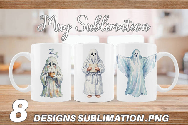 Mug Wrap Watercolor Groggy Morning Coffee Ghost Sublimation artnoy 