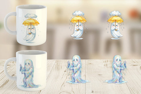 Mug Wrap Watercolor Grumpy Rainy Day Ghost Art Sublimation artnoy 