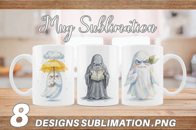 Mug Wrap Watercolor Grumpy Rainy Day Ghost Art Sublimation artnoy 