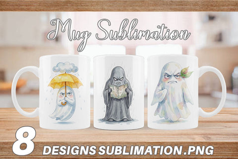 Mug Wrap Watercolor Grumpy Rainy Day Ghost Art Sublimation artnoy 