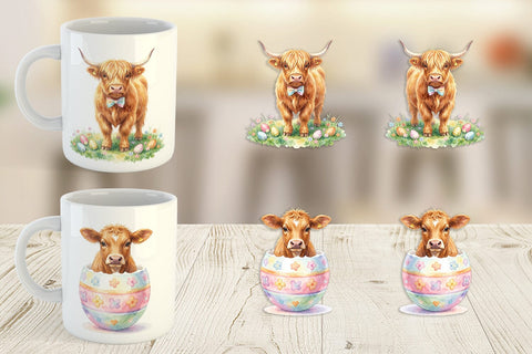 Mug Wrap Watercolor Highland Cow Easter Sublimation artnoy 