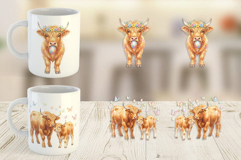 Mug Wrap Watercolor Highland Cow Easter Sublimation artnoy 