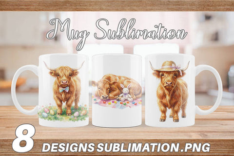 Mug Wrap Watercolor Highland Cow Easter Sublimation artnoy 