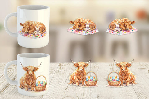 Mug Wrap Watercolor Highland Cow Easter Sublimation artnoy 