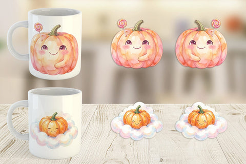 Mug Wrap Watercolor Kawaii Cute Pastel Pumpkin Sublimation artnoy 