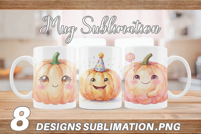 Mug Wrap Watercolor Kawaii Cute Pastel Pumpkin Sublimation artnoy 