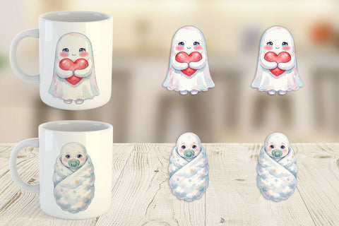 Mug Wrap Watercolor Kawaii Pastel Sleepy Ghost Sublimation artnoy 