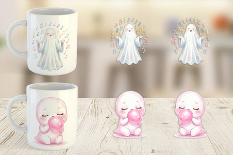 Mug Wrap Watercolor Kawaii Pastel Sleepy Ghost Sublimation artnoy 