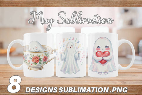 Mug Wrap Watercolor Kawaii Pastel Sleepy Ghost Sublimation artnoy 