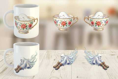Mug Wrap Watercolor Kawaii Pastel Sleepy Ghost Sublimation artnoy 