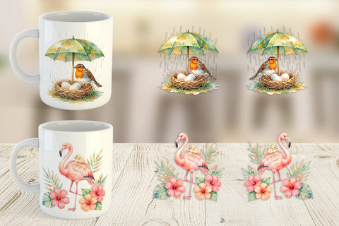 Mug Wrap Watercolor Mama Bird And Floral Nest Art Sublimation artnoy 