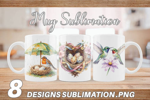 Mug Wrap Watercolor Mama Bird And Floral Nest Art Sublimation artnoy 