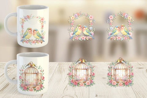Mug Wrap Watercolor Mama Bird And Floral Nest Art Sublimation artnoy 