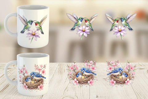 Mug Wrap Watercolor Mama Bird And Floral Nest Art Sublimation artnoy 