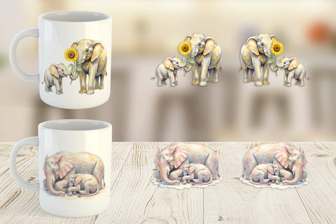 Mug Wrap Watercolor Mom And Baby Elephant Love Art Sublimation artnoy 