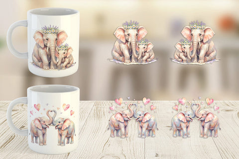 Mug Wrap Watercolor Mom And Baby Elephant Love Art Sublimation artnoy 