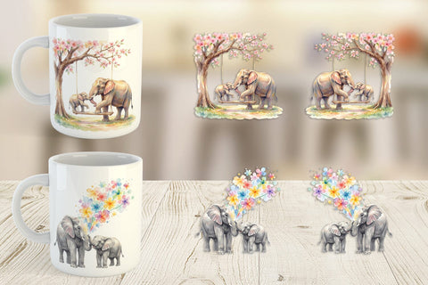 Mug Wrap Watercolor Mom And Baby Elephant Love Art Sublimation artnoy 